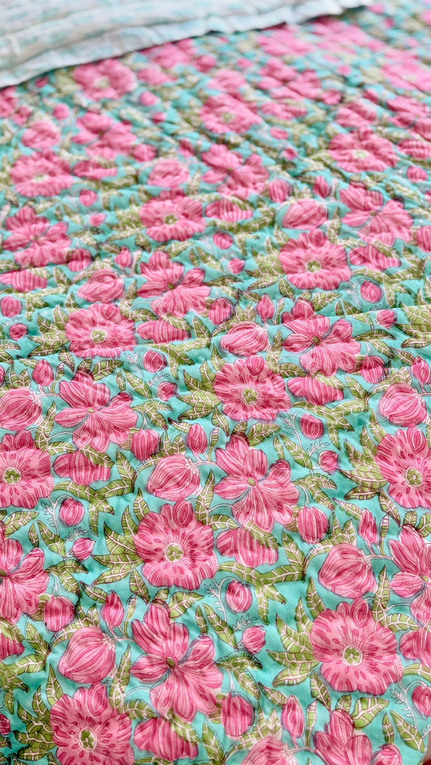Pink Blossom Mul Mul Cotton Handblock Printed Quilt