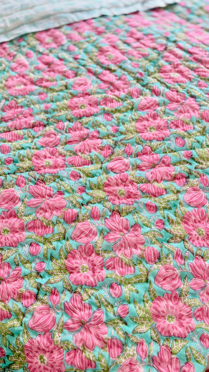Pink Blossom Mul Mul Cotton Handblock Printed Quilt