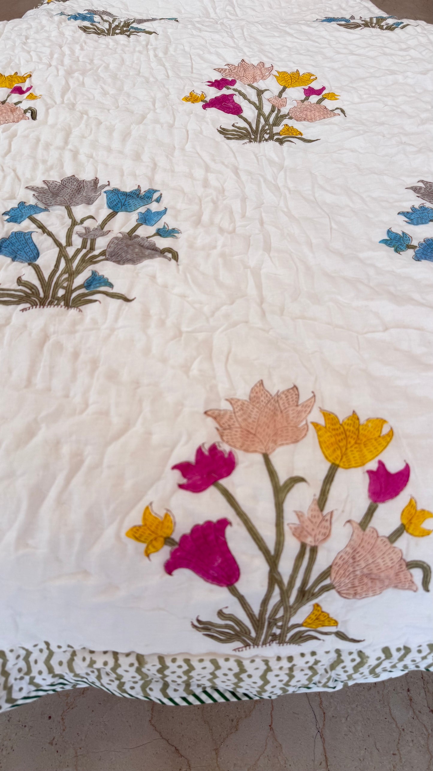 Royal Lotus Bloom Handblock Print Mul Mul Cotton Quilt