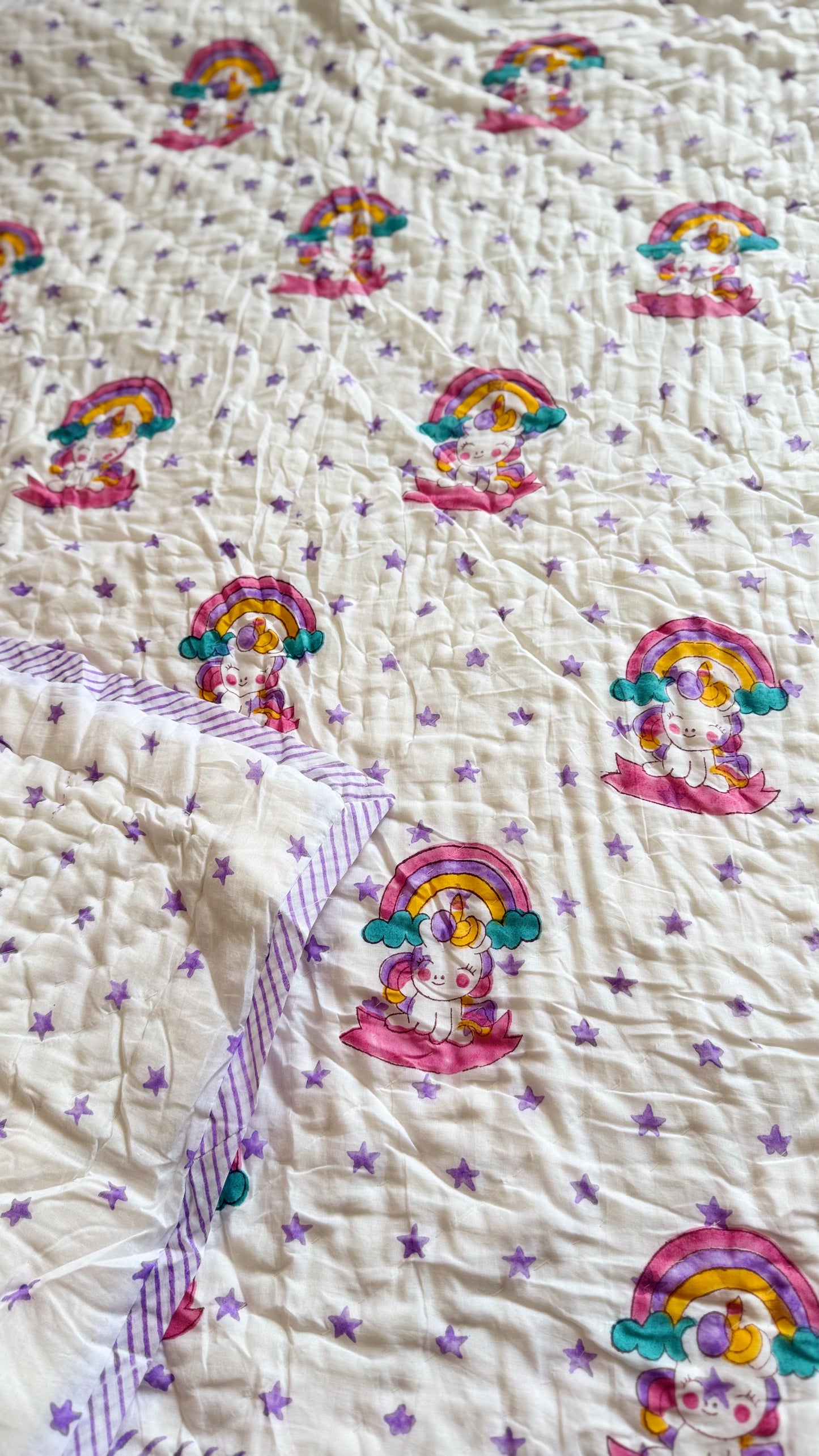 Unicorn stars- Handblock Print Mul Mul cotton Quilt