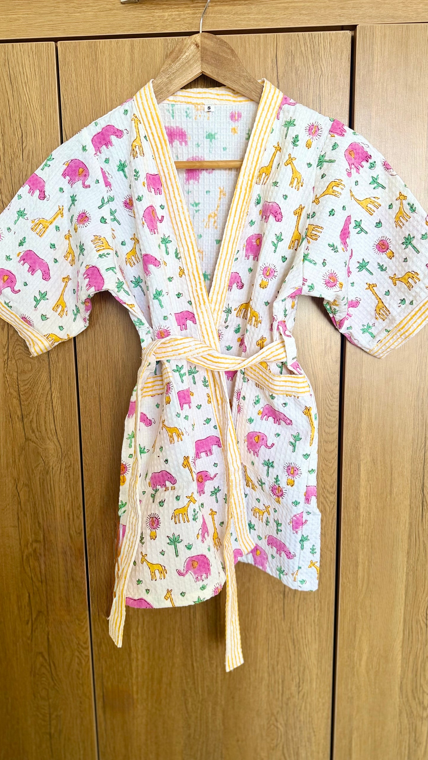 Kids Bathrobe Pink Yellow Giraffe & Elephant Design