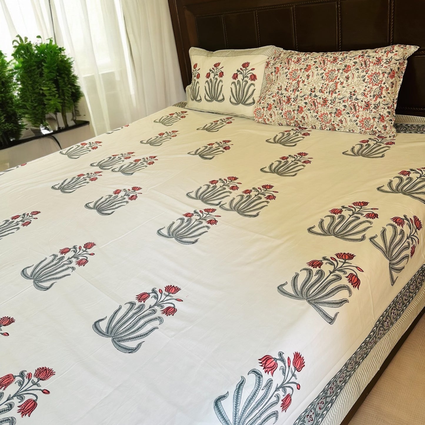 Scarlet Lotus Handblock Printed Bedsheet