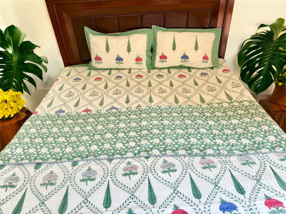 Green trellis garden Mul Mul Cotton Handblock Printed Dohar