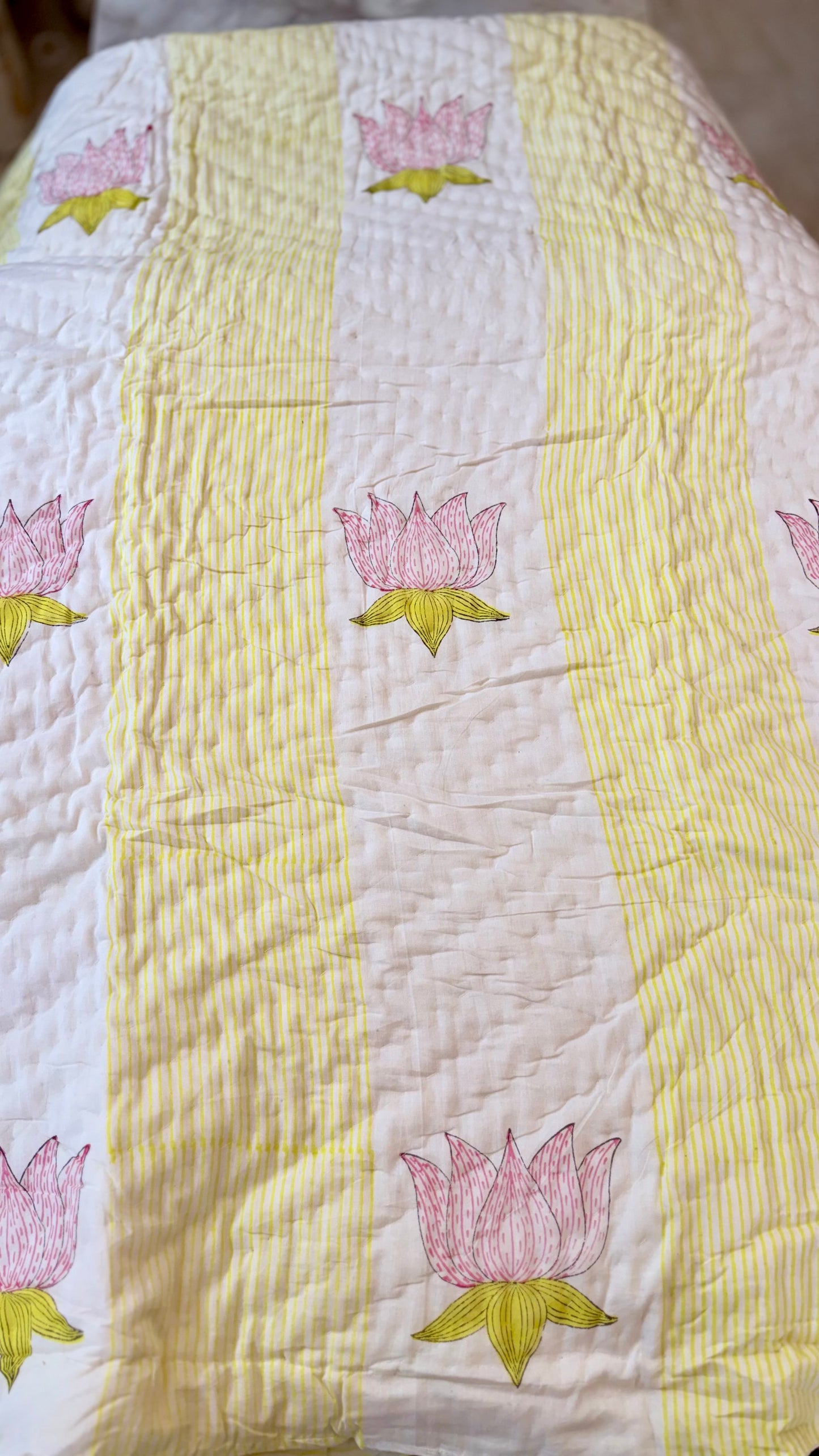 Pink Lotus Serenade Mul Mul Cotton Handblock Printed Quilt