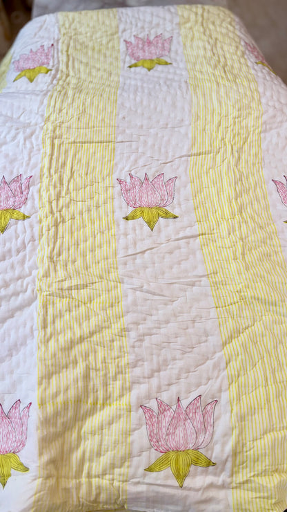 Pink Lotus Serenade Mul Mul Cotton Handblock Printed Quilt