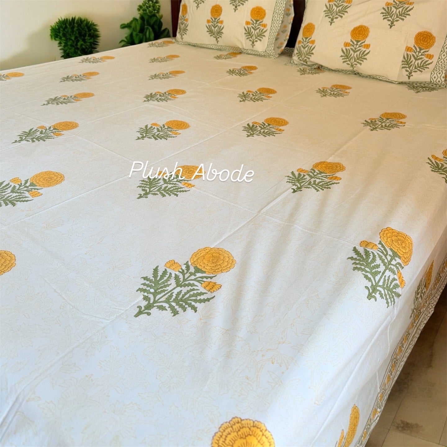Yellow Marigold Garden Handblock printed Cotton Bedsheet