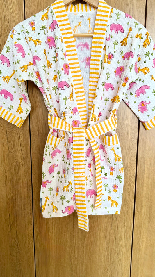 Kids Bathrobe Pink Yellow Giraffe & Elephant Design