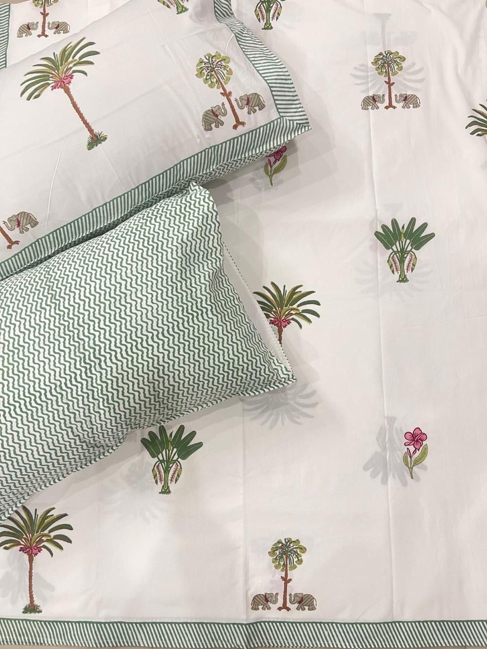 Tropical palm with elephants Handblock printed Cotton Bedsheet