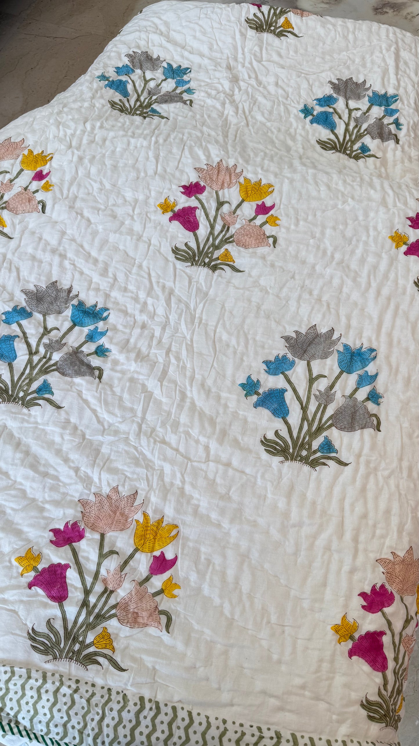 Royal Lotus Bloom Handblock Print Mul Mul Cotton Quilt