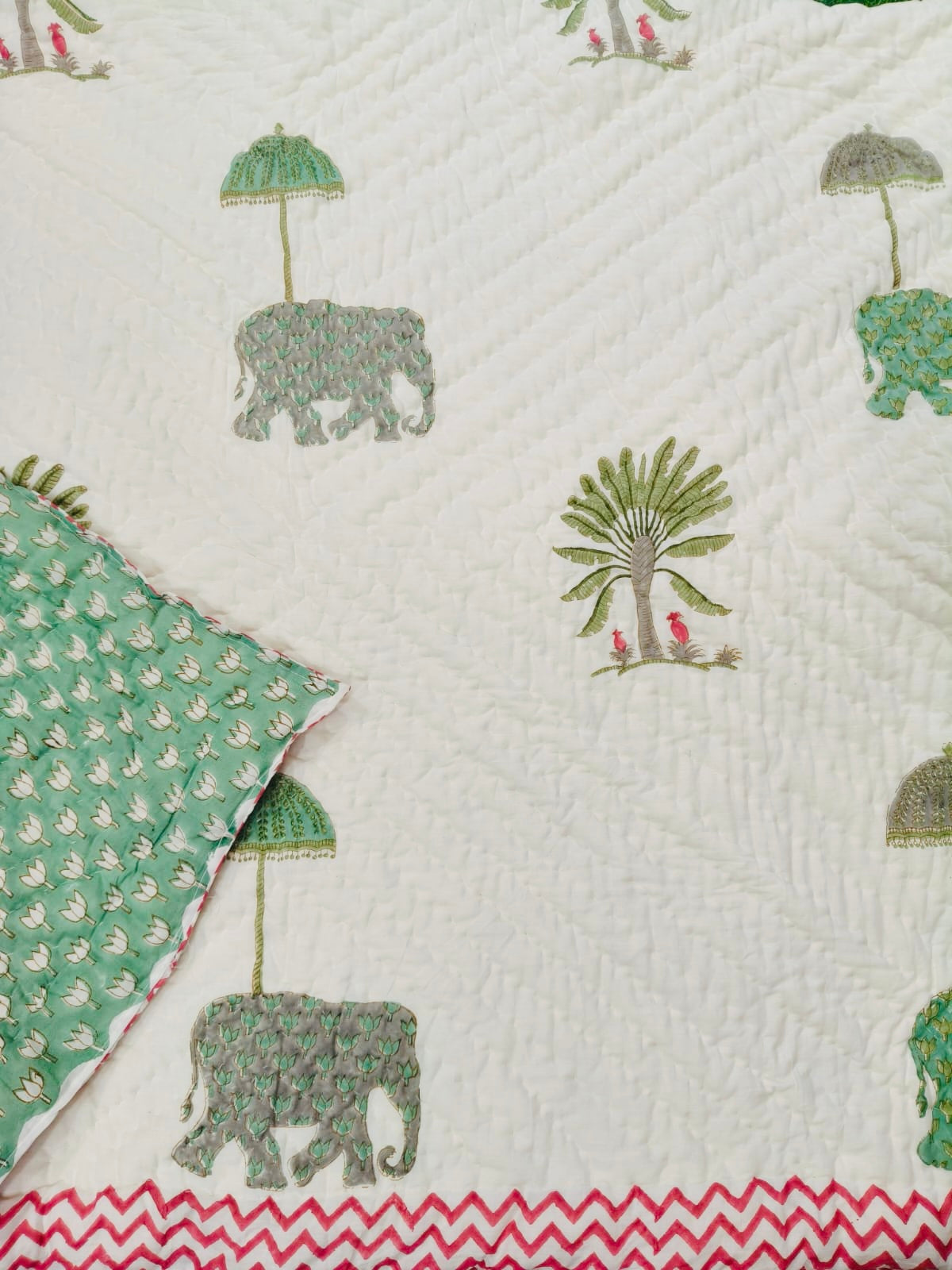 Elephant Garden Mul Mul Cotton Handblock Printed Quilt