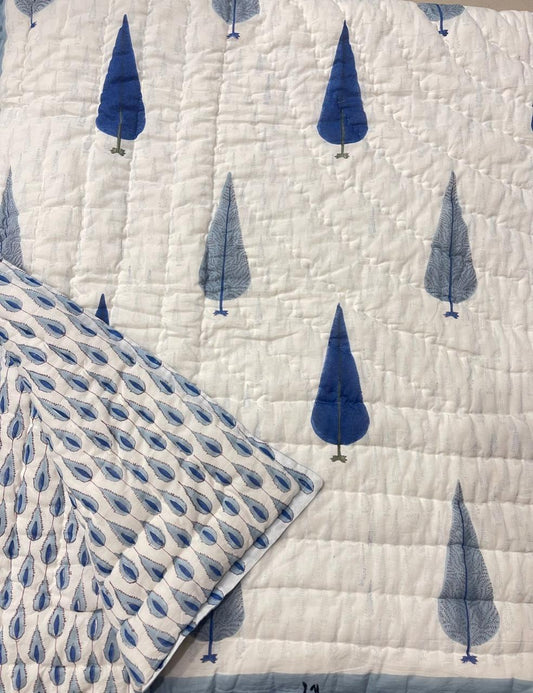 Blue Whisper Mul Mul Cotton Handblock Printed Quilt