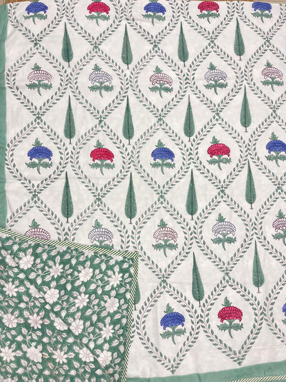 Green trellis garden Mul Mul Cotton Handblock Printed Dohar