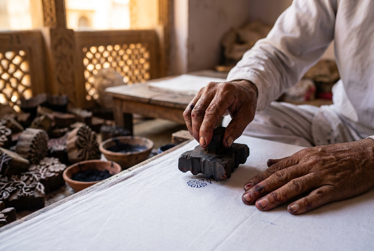 Artisan hand-printing cotton with a carved wooden block