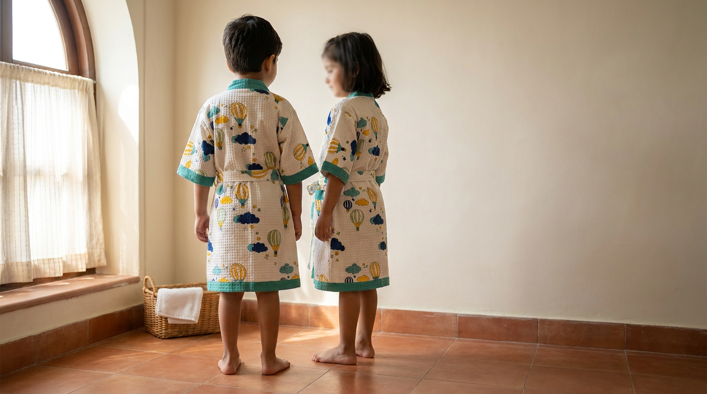 Plush Abode kids bathrobe hero v3 — two children wearing the real Blue Balloon waffle-cotton kimono bathrobe (teal trim, tie-belt, no hood, multi-color balloons) in a sunlit Jaipur bathroom