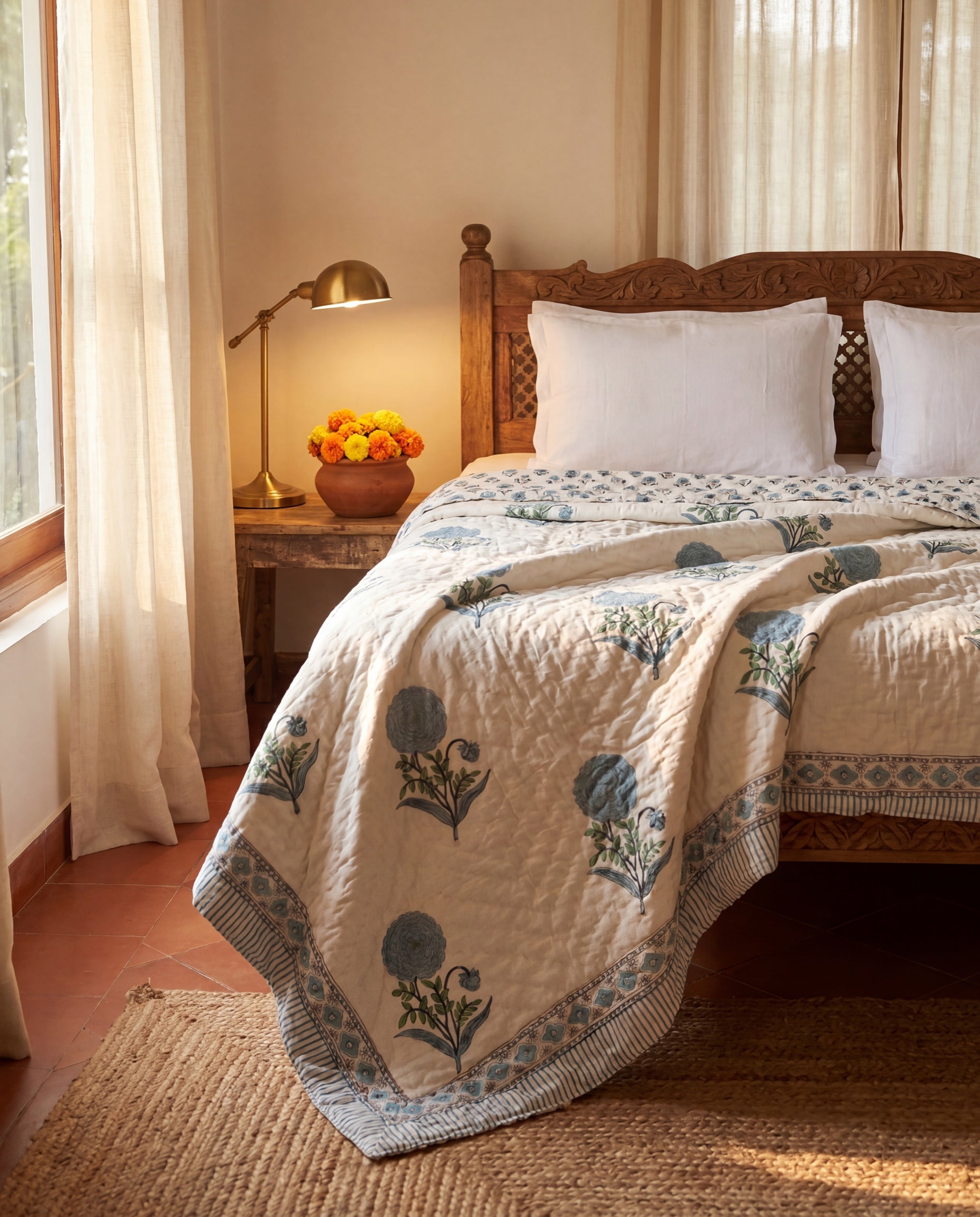 Mint Chrysanthemum Mul-Mul Cotton Quilt styled in a Jaipur-inspired bedroom