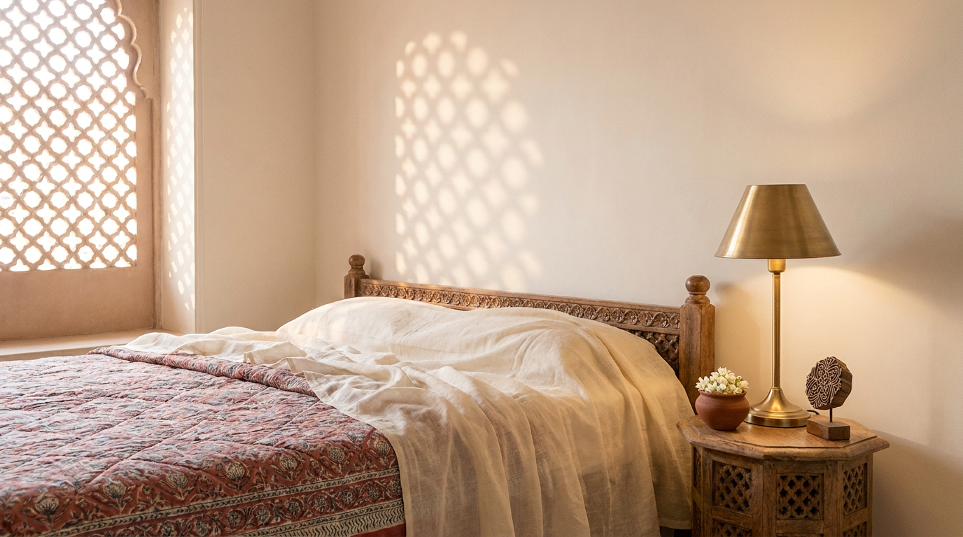 Indian bedroom corner at dawn with handblock dohar and brass lamp