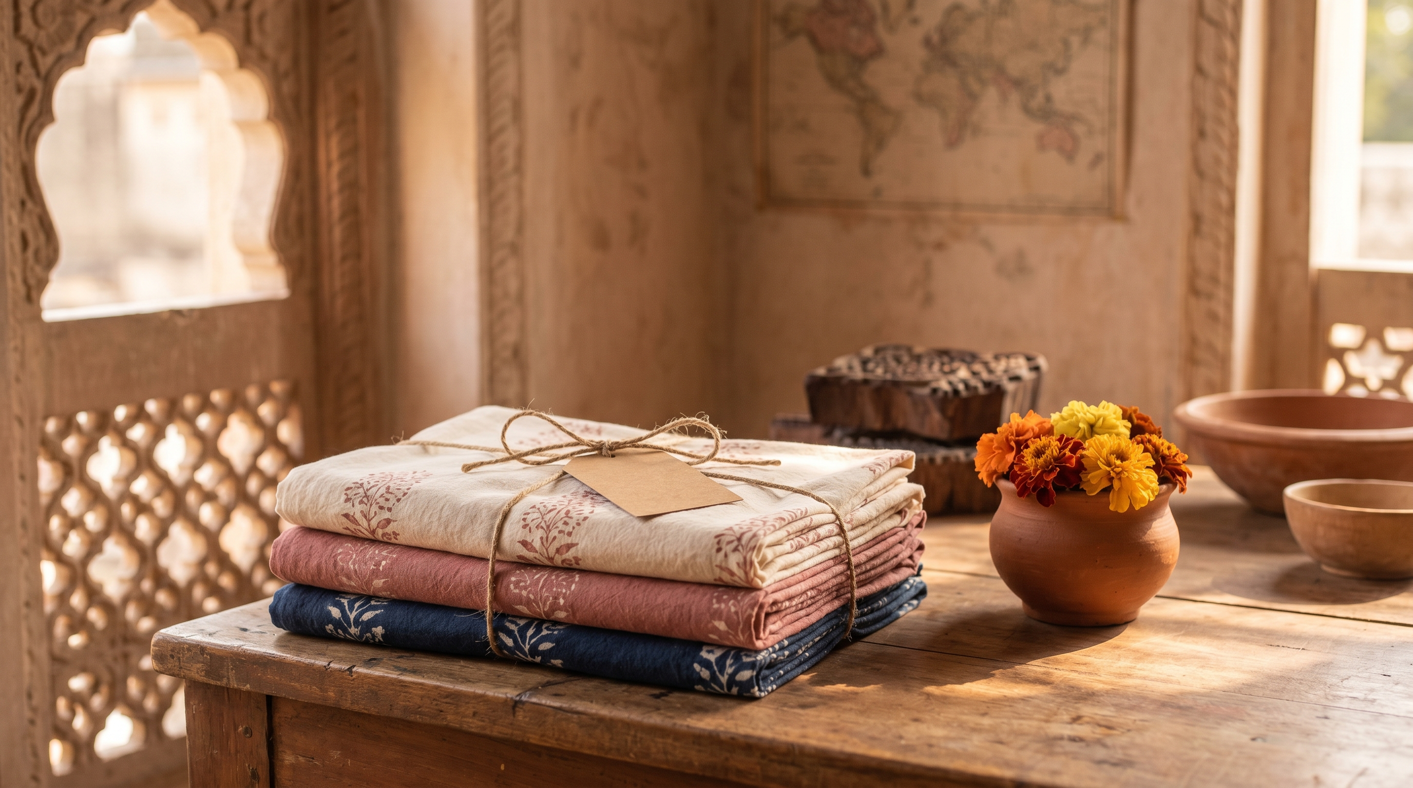 Folded handblock-printed cotton linens tied with jute twine on a sunlit wooden table, ready to ship worldwide from Jaipur